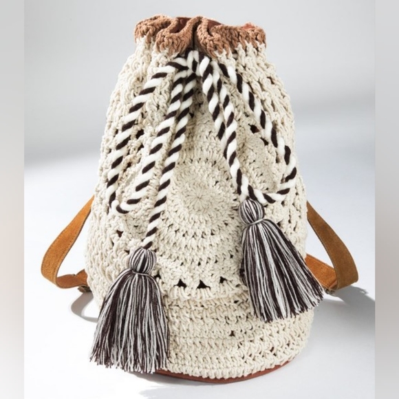 Handmade Crocheted Boho Backpack - Bucket Style - Cloth Backed Leather Straps - Picture 4 of 11